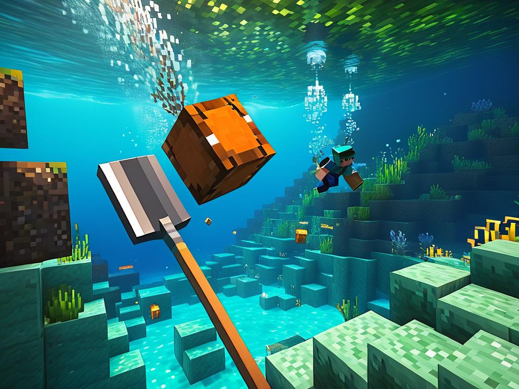 Игрок добывает блок глины под водой при помощи алмазной лопаты в Майнкрафте