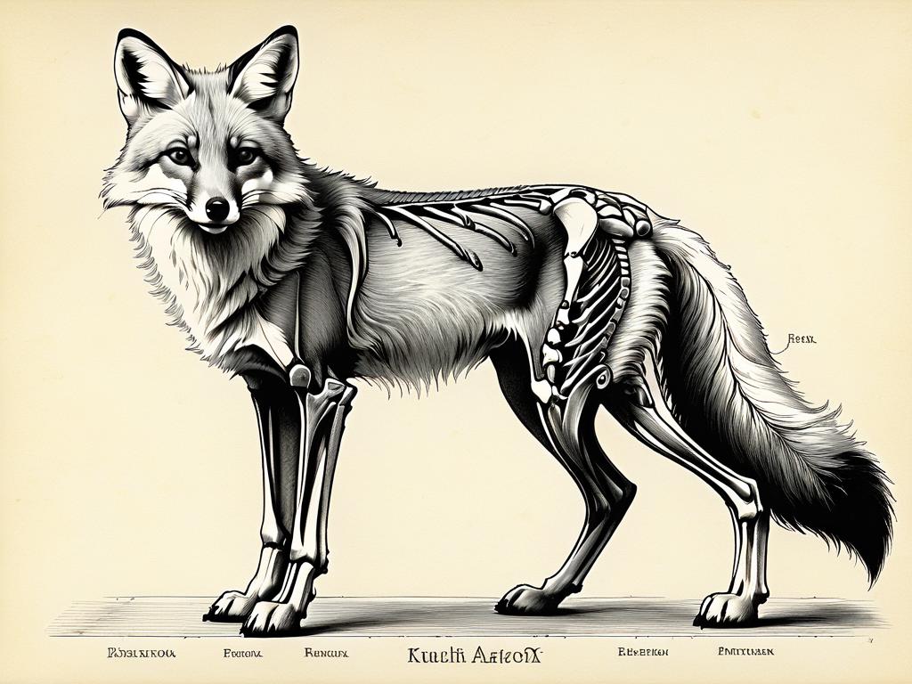 Детализированный анатомический рисунок лисы, демонстрирующий скелет, мускулатуру и шерсть.
