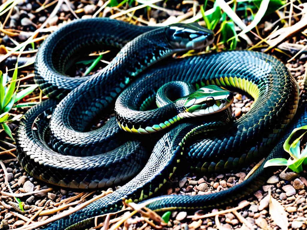 Две спаривающиеся змеи на земле в брачный период