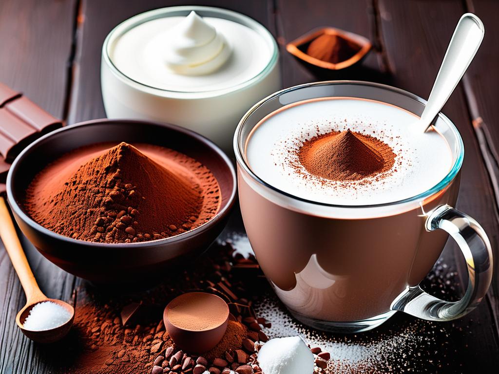 Какао-порошок, сахар, молоко и сливки - основные ингредиенты