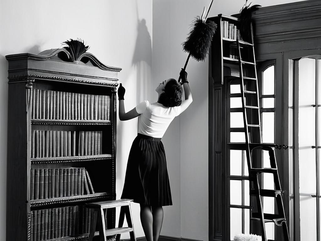 Женщина стоит на стремянке, протирает пыль на верхней полке высокого книжного шкафа перьевой щеткой