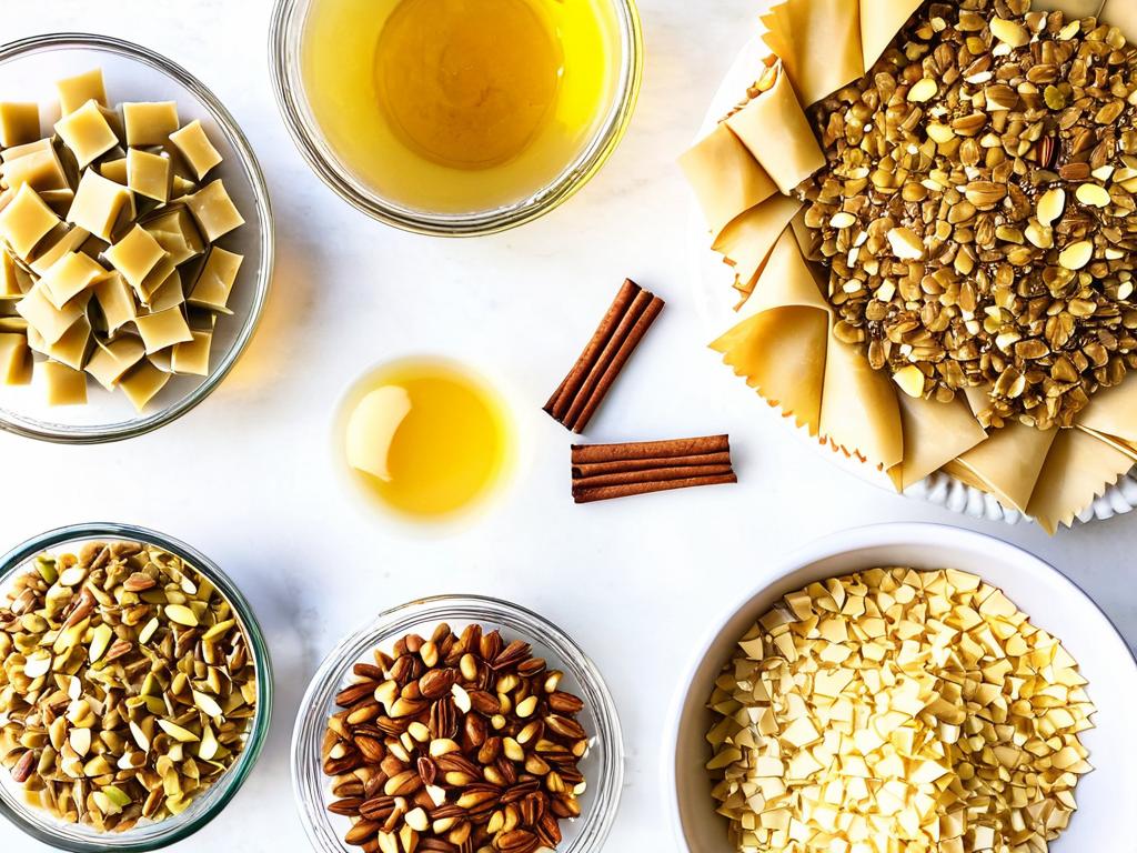 Ингредиенты для приготовления пахлавы: измельченные орехи, тесто фило, мед и палочки корицы