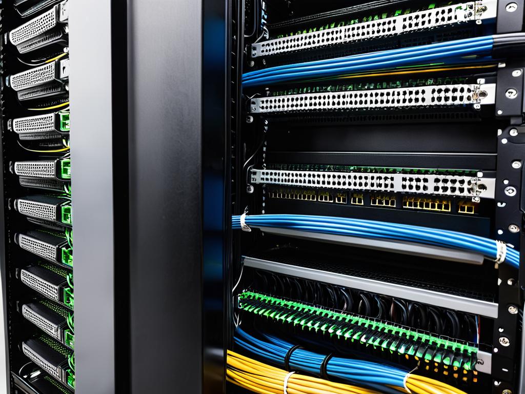 Сетевые кабели, подключенные к серверной стойке
