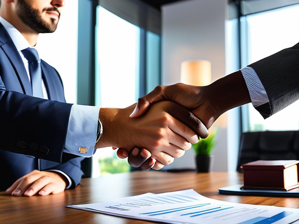Бизнес-партнеры и страховой агент пожимают руки после подписания выгодного договора страхования