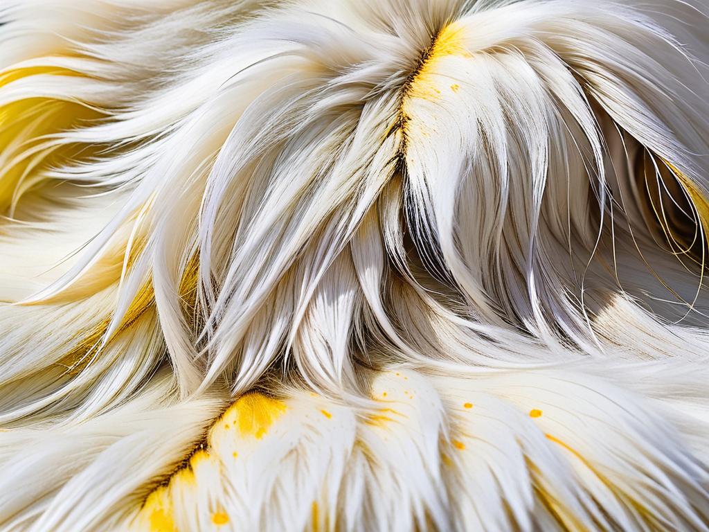 Фото: Крупным планом собачка белой породы с явными признаками загрязнения меха - желтые пятна,