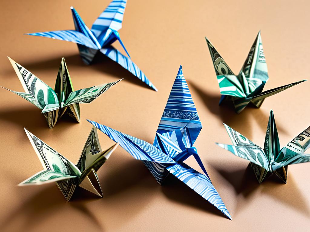 Оригами в виде журавликов, сложенные из денежных купюр