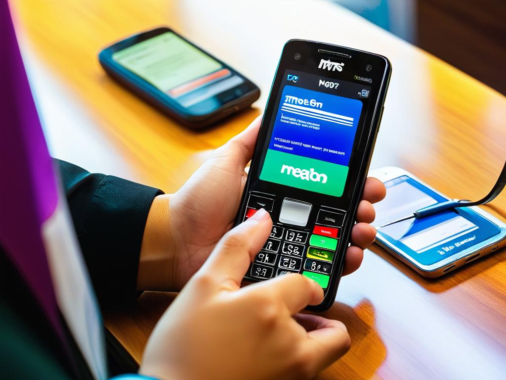 Человек отправляет СМС для перевода денег со своего телефона МегаФон на телефон МТС