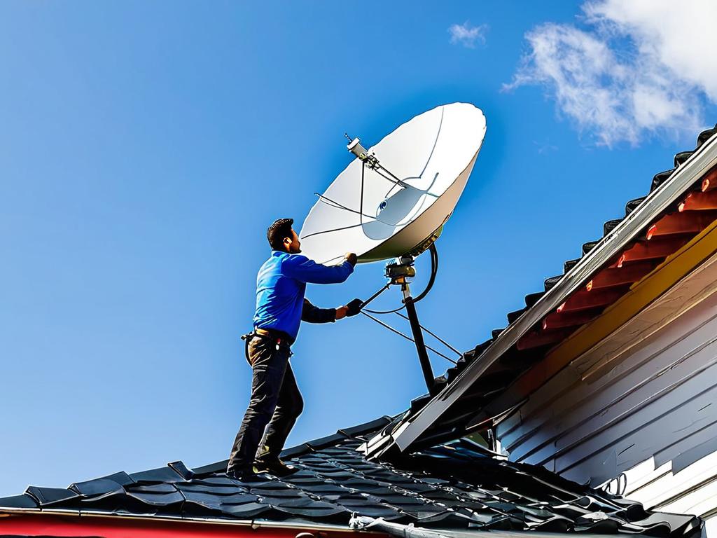 Человек устанавливает спутниковую тарелку на крыше для настройки спутникового интернета