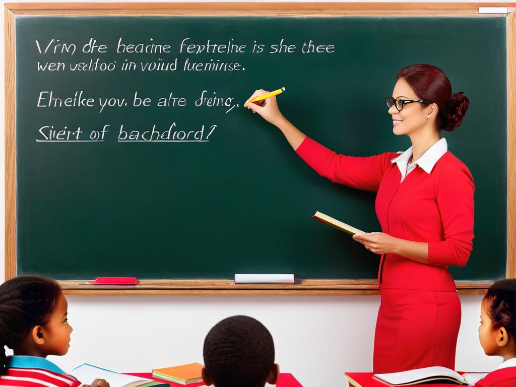 Учитель подчеркивает глаголы в предложении на доске красным мелом