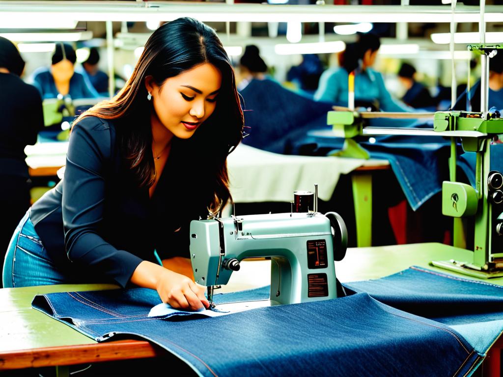 Женщина подшивает джинсы на швейной машинке, сохраняя фабричный подгиб