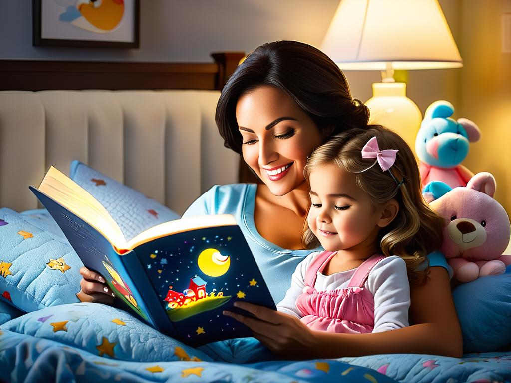 Мама читает дочке сказку перед сном
