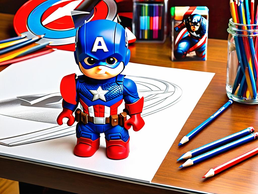 Рабочее место готово для рисования портрета Капитана Америки. На столе лежат заточенные карандаши,