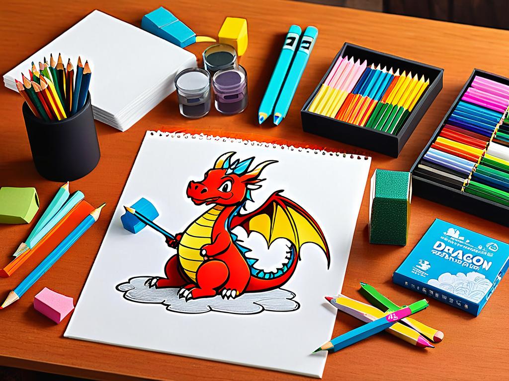 Подготовленные на столе карандаши, ластики, бумага для наброска мультяшного дракона
