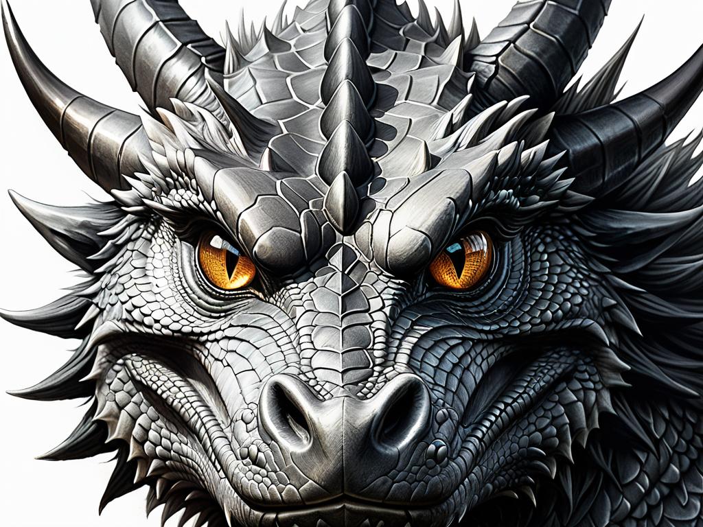 Детальный карандашный рисунок головы дракона с глазами, рогами, гривой