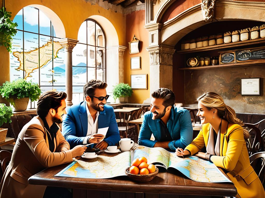 Посетители беседуют в итальянском кафе с путешественным декором