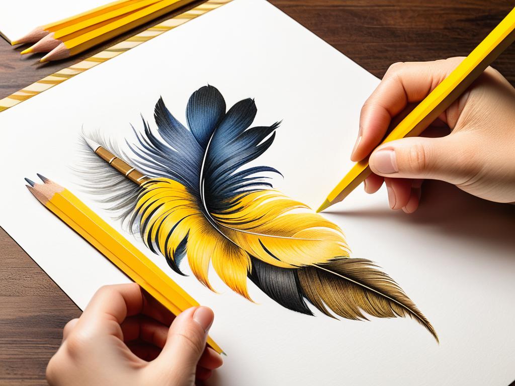 Рука рисует желтым карандашом перья на изображении петуха