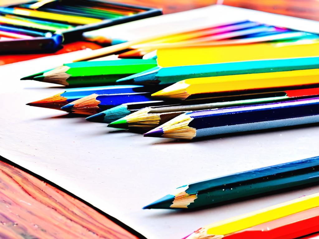 Цветные карандаши, краски, фломастеры, бумага и кисти на столе