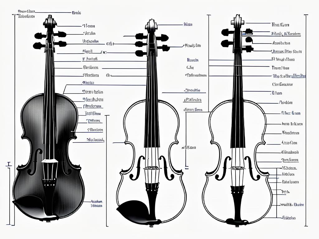 Схема частей скрипки, показывающая вид спереди и сзади с подписями на русском