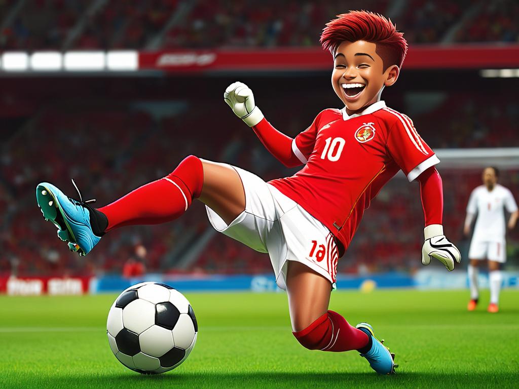 Улыбающийся мультяшный футболист в красной форме, забивающий мяч