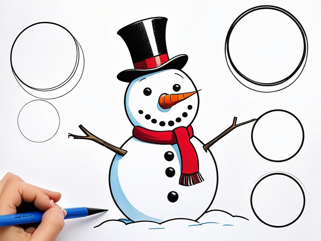 Пошаговое рисование фигуры снеговика из простых форм - кругов и овалов