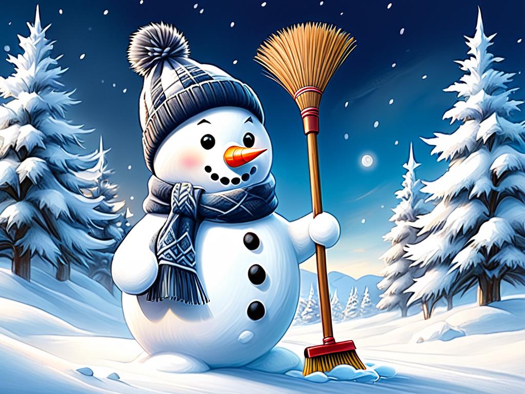 Зимний пейзаж, нарисованный карандашом, с милым снеговиком в шарфе и шляпе с метлой возле елочек