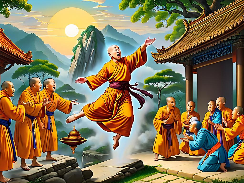 Старинная иллюстрация левитирующего монаха и удивленных людей вокруг