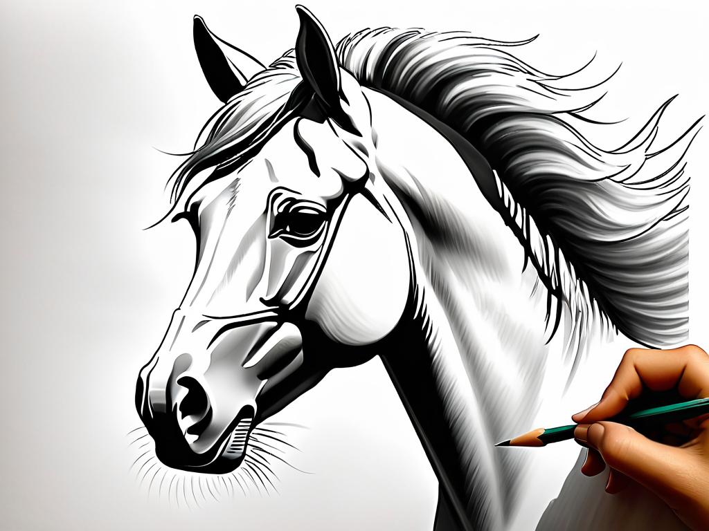 Набросок карандашом контура для рисунка лошади с пошаговыми инструкциями для пропорций морды,
