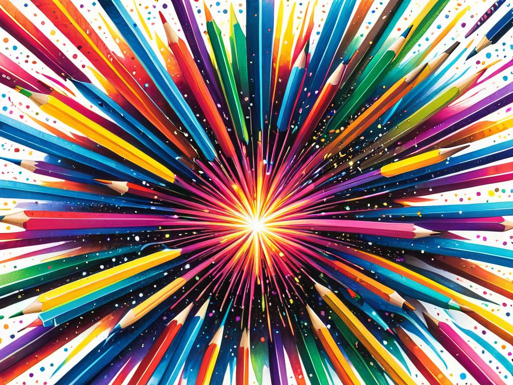 Яркий цветной рисунок фейерверка с брызгами, выполненный цветными карандашами и гелевыми ручками