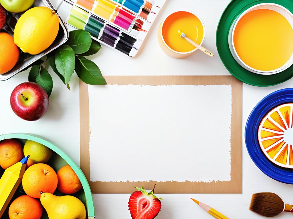 Цветные карандаши, кисти и бумага для рисования фруктов на столе