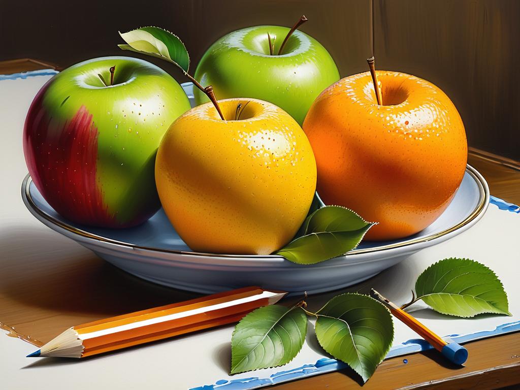 Пошаговое рисование яблока и апельсина карандашом с раскраской и техникой теней
