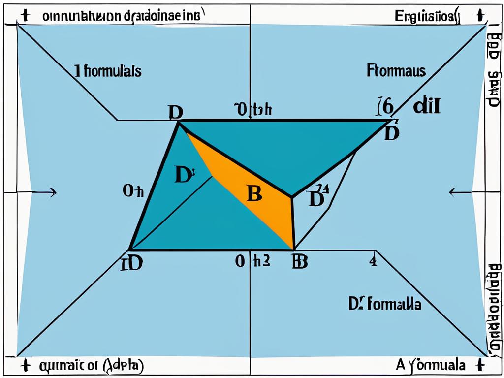 Ромб с подписанными сторонами a, углами альфа и бета, диагоналями d1 и d2 для пояснения формул
