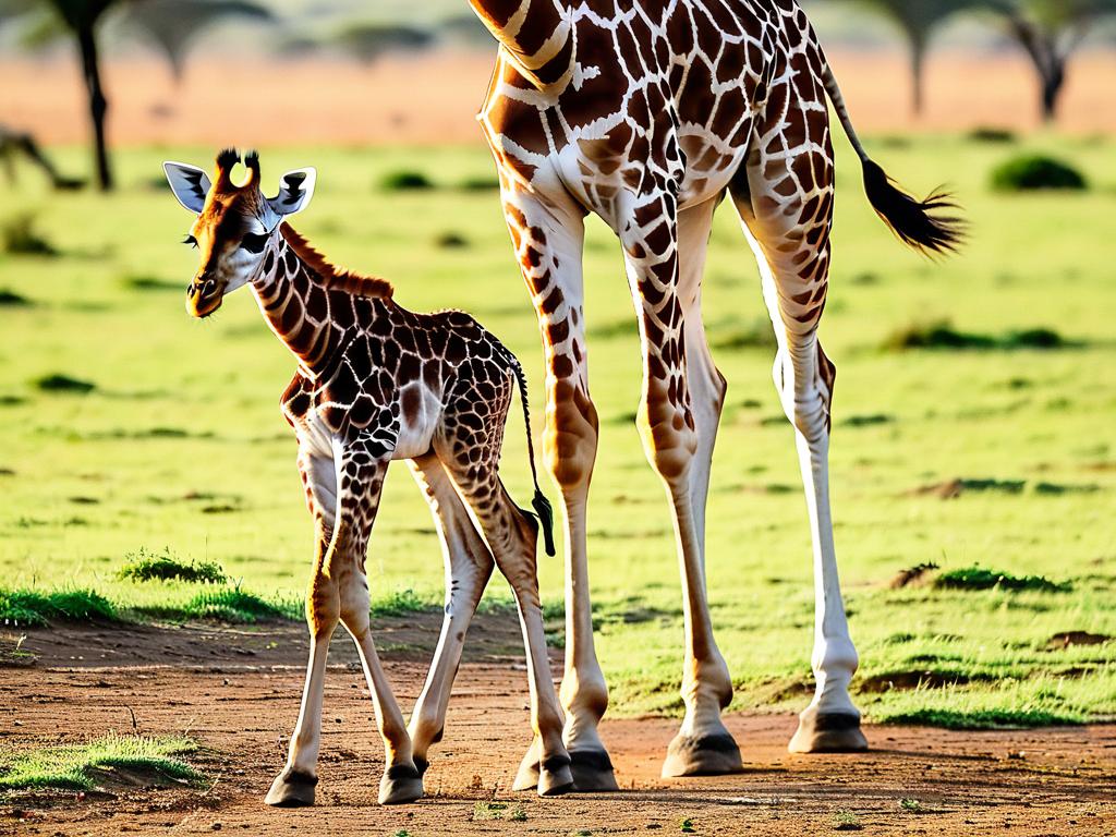 Новорожденный жирафенок делает первые шаги на длинных тонких ножках