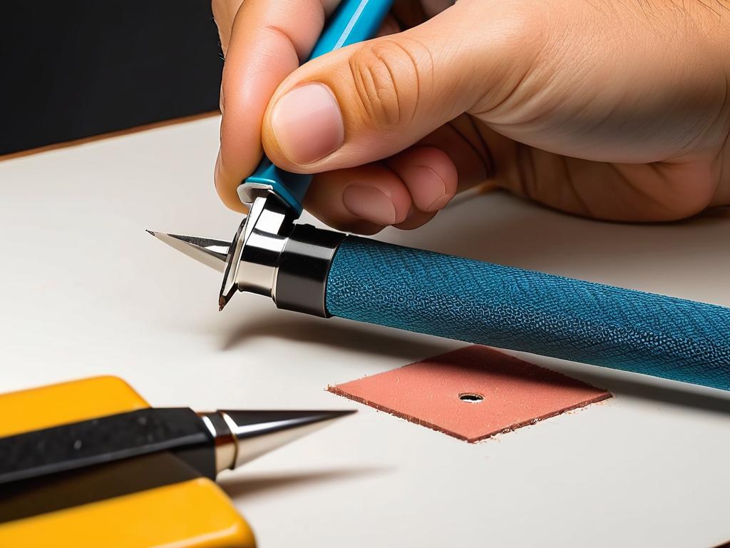 Рука точит простой карандаш точилкой, готовясь рисовать гитару