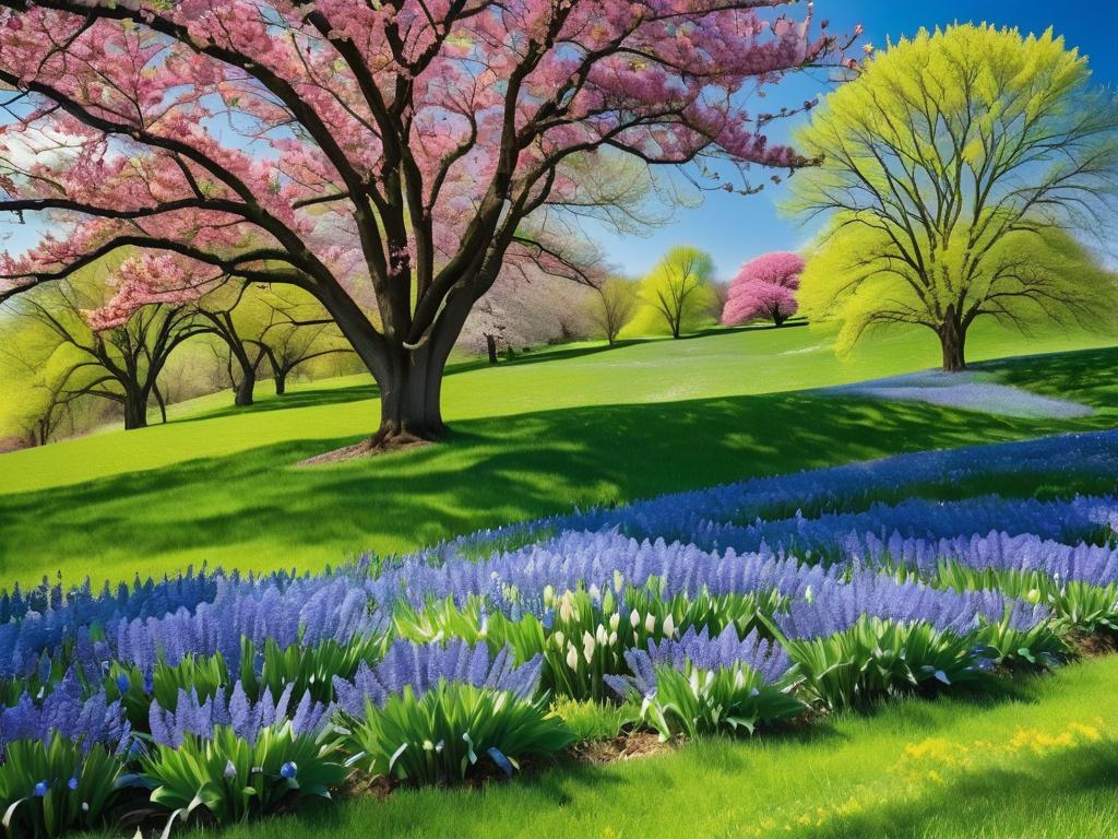 Яркие весенние цветы и расцветающие деревья на фоне ярко-зеленой травы и голубого неба