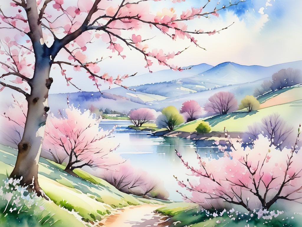 Акварельный пейзаж весны с нежно-розовыми цветущими вишнями