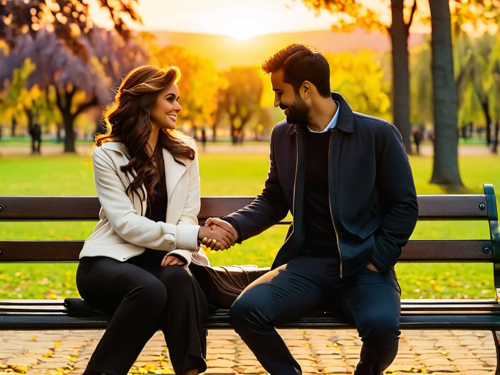 Мужчина держит за руки девушку, сидящую рядом на скамейке в парке на закате