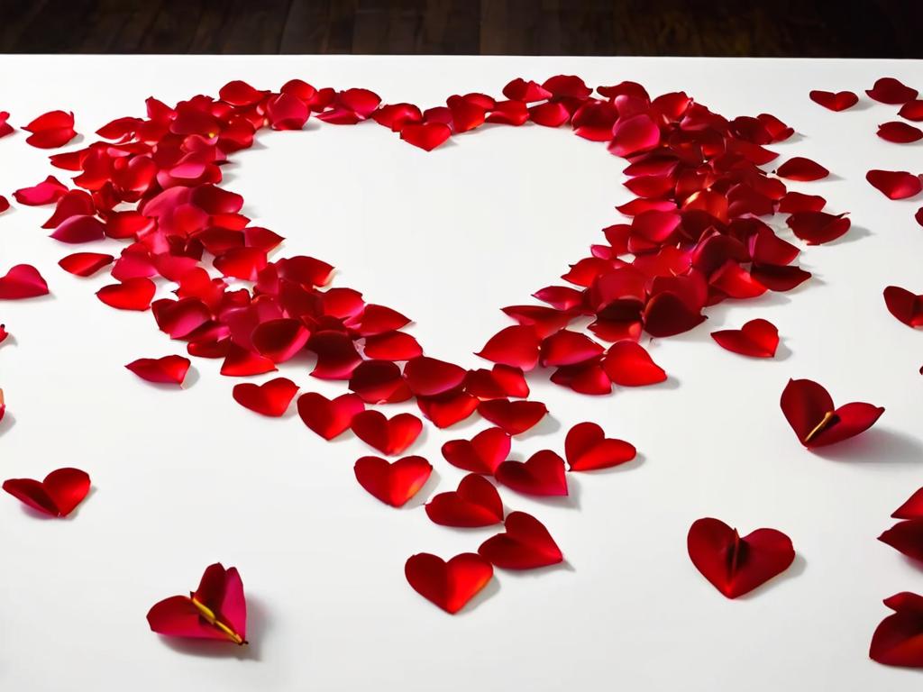 Лепестки красных роз разбросаны в форме сердца на столе с двумя зажженными свечами