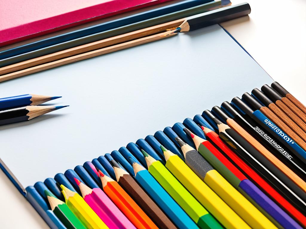 Приготовленные для рисования карандаши цветные ручки резинка и бумага на столе