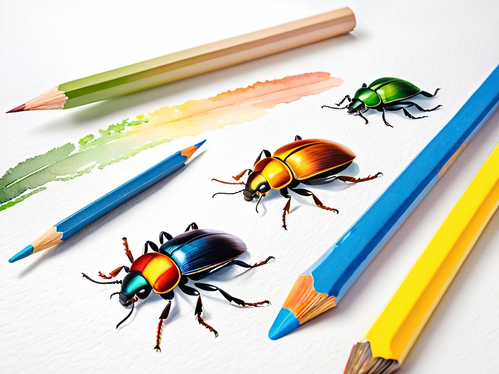 Цветные карандаши, кисти и акварель на белой бумаге для рисования жуков и насекомых