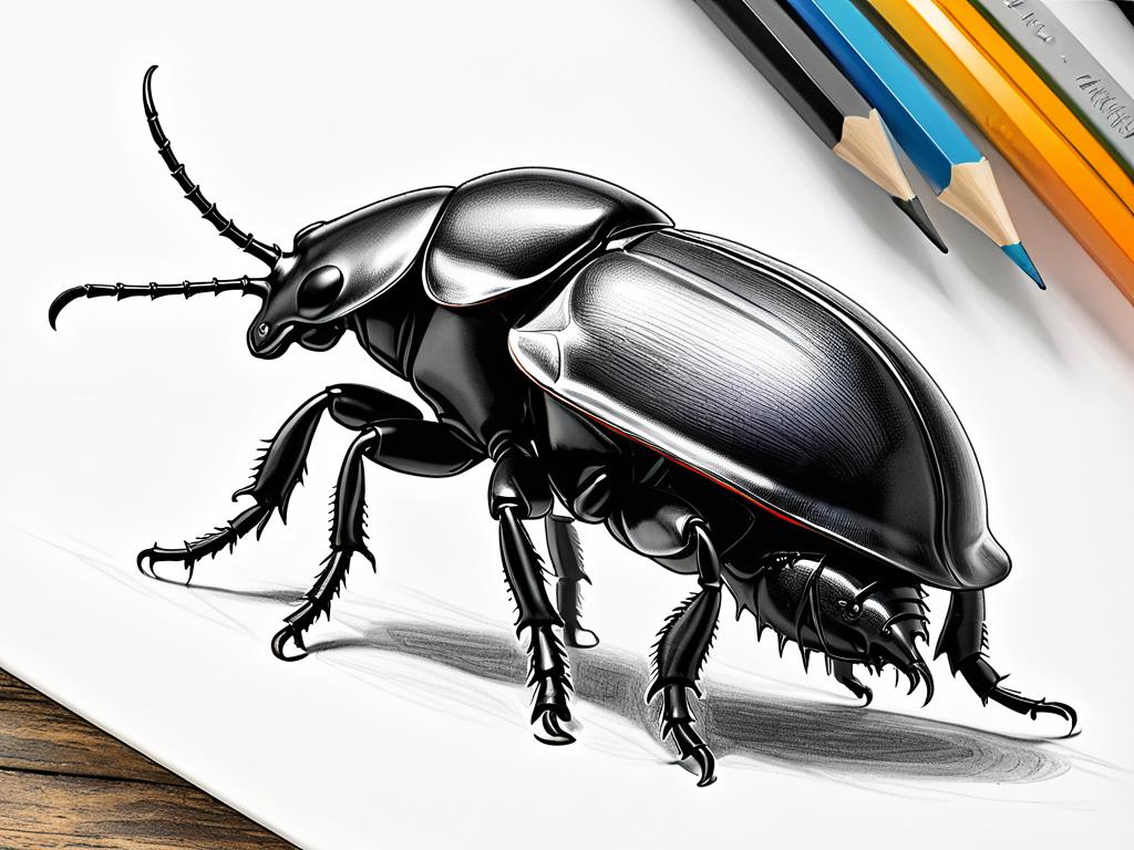 Пошаговый мастер-класс по рисованию жука-носорога карандашом с базовыми формами и деталями