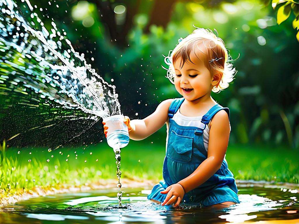 Ребенок играет с водой на улице летом