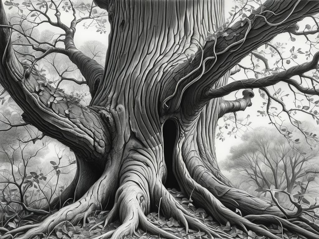Детальный карандашный рисунок ствола дерева с извилистыми ветвями, покрытыми листьями