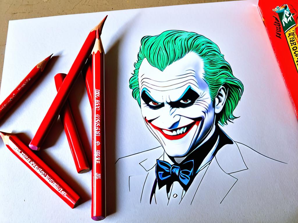 Фото необходимых материалов для рисования Джокера - карандаши, резинка, бумага и красный карандаш