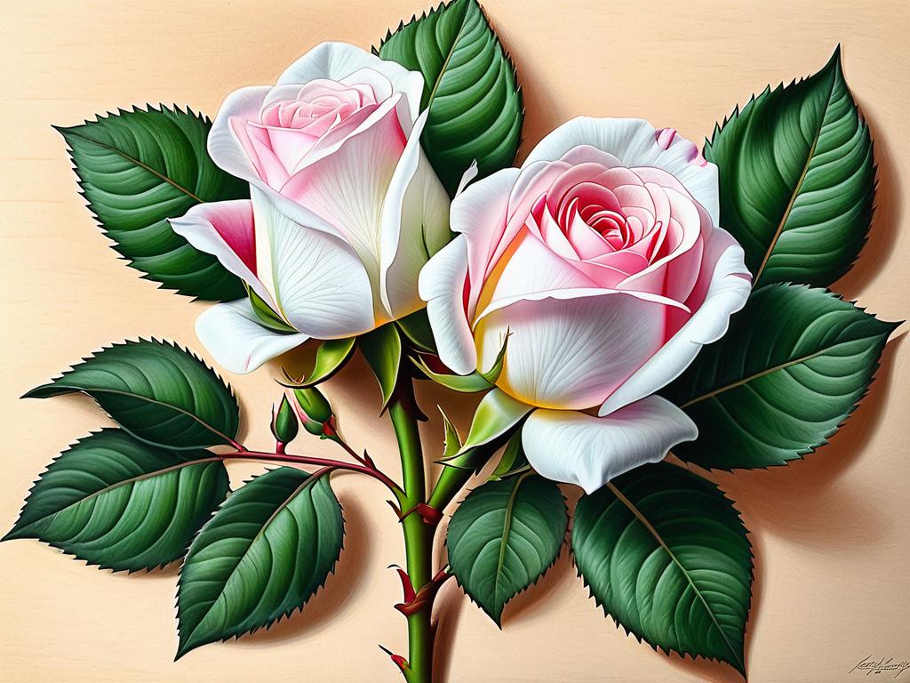 Детальная прорисовка бутонов роз и листьев с использованием карандашей