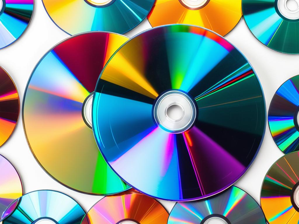 Коллаж чистых дисков CD и DVD разных цветов, сложенных друг на друга на белом фоне