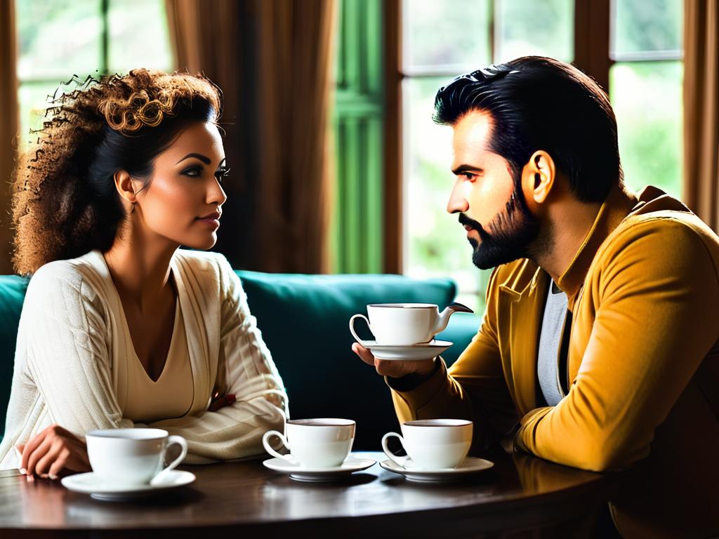 Женщина и мужчина серьезно разговаривают за чашкой чая