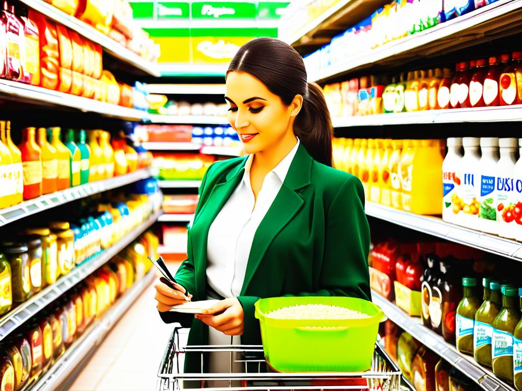 Женщина выбирает ингредиенты для рецепта творожной запеканки в супермаркете