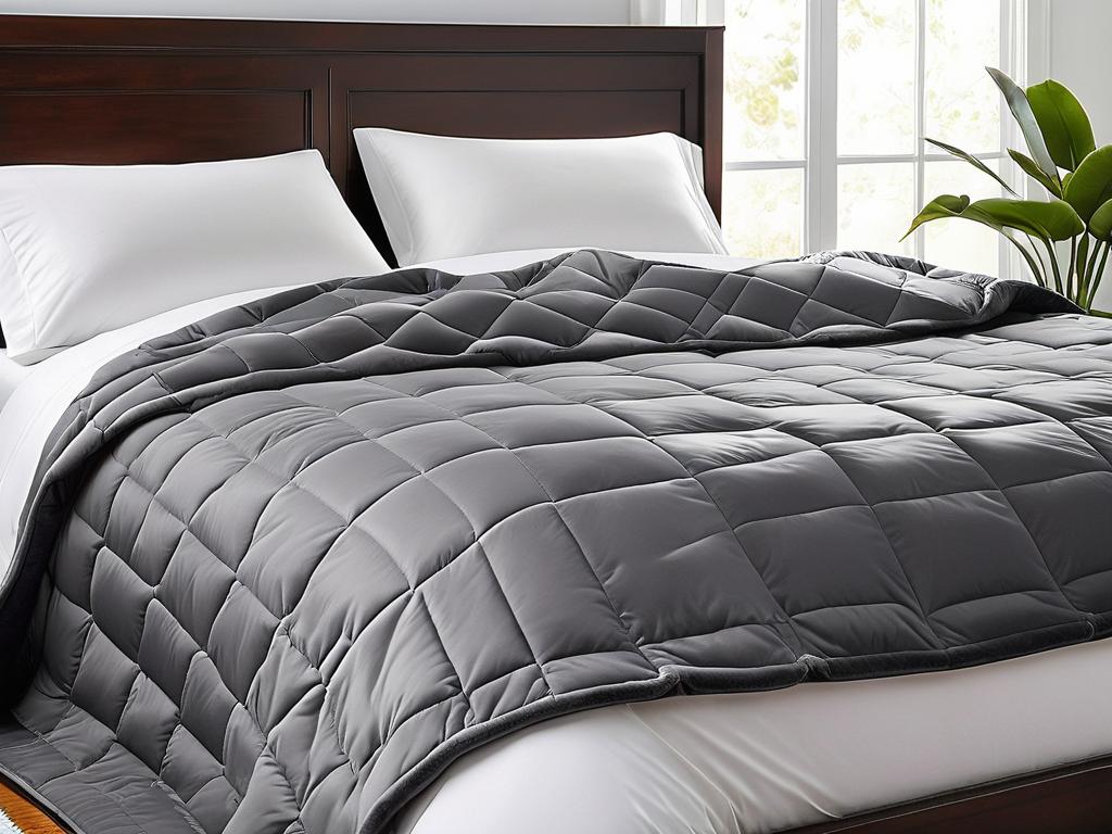 Серое одеяло с грузиками на двуспальной кровати, создает ощущение объятий, способствует расслаблению