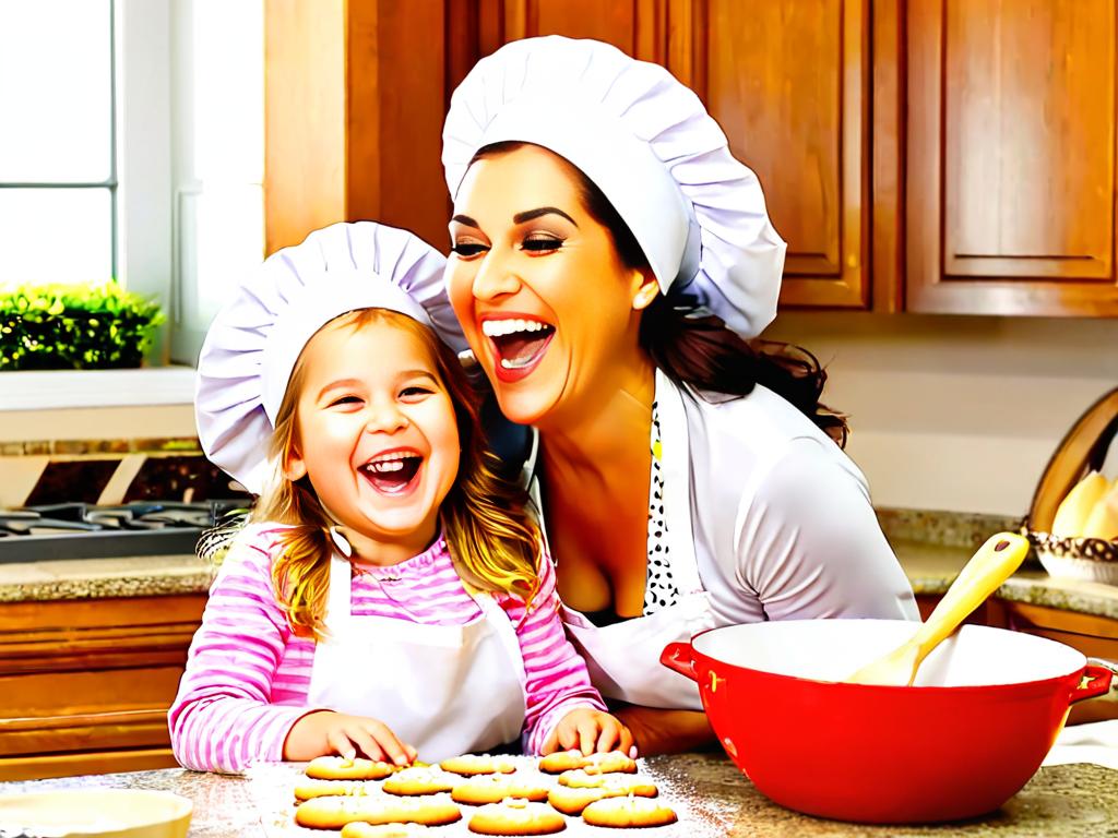 Мама и дочь весело готовят печенье на кухне