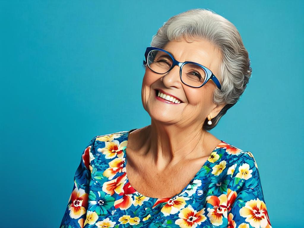 Улыбающаяся бабушка в очках в цветастом платье сидит на голубом фоне